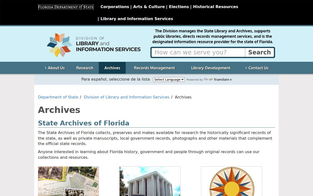 State Archives of Florida catalog and reference page
