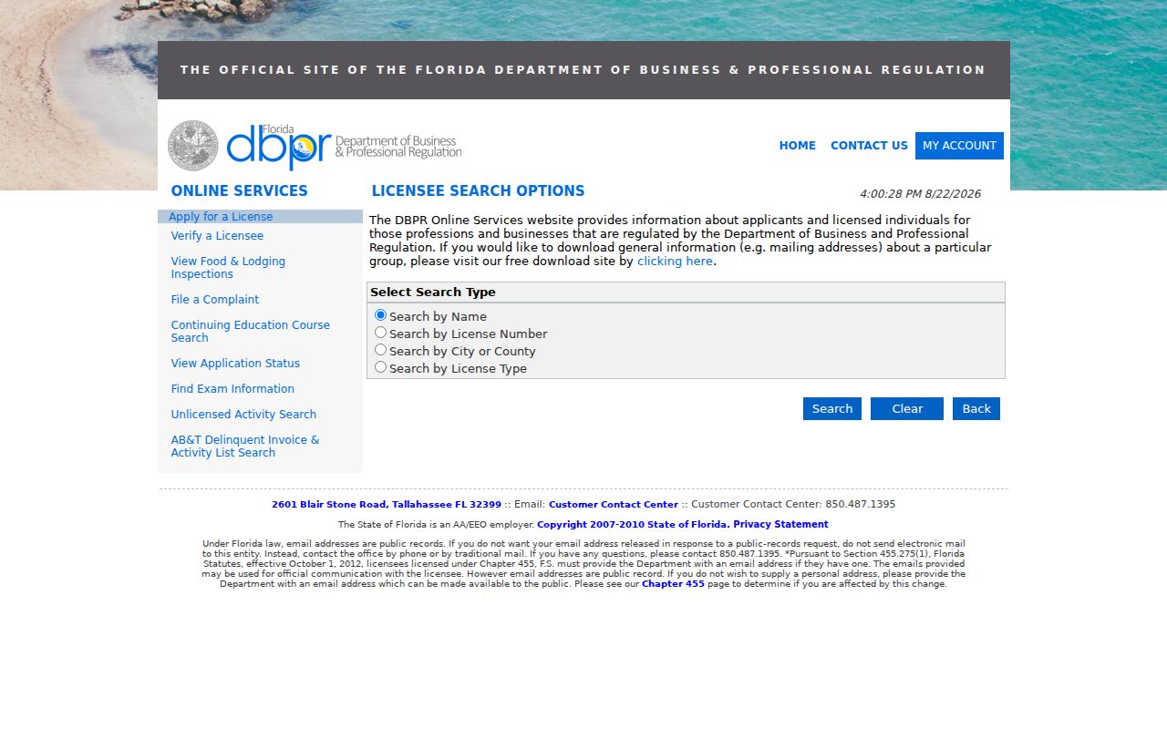 Florida professional license lookup for St. Lucie County resident verification