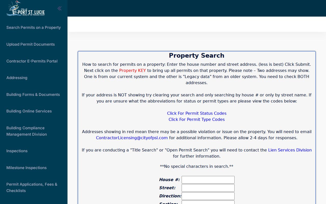 Port St. Lucie address and permit search